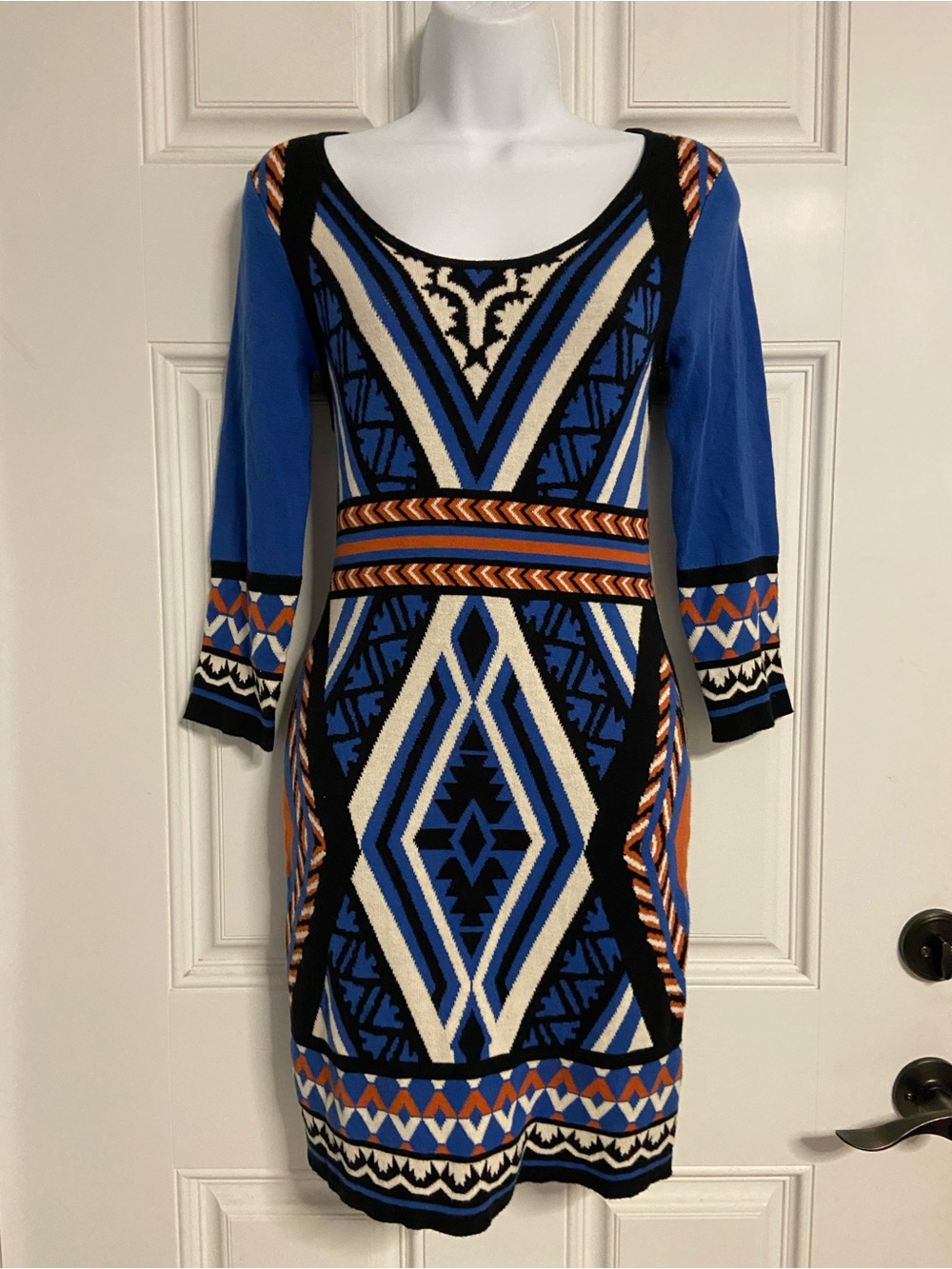 T43a- FLYING TOMATO MultiColored GEO-AZTEC-BOHO Print Knit Sweater Dress